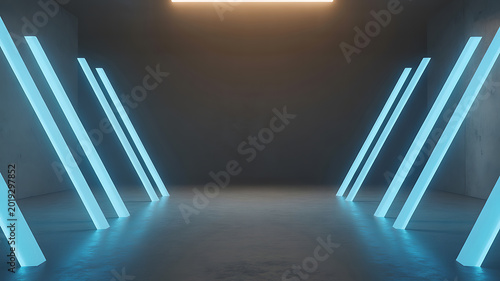 Glowing blue light bars in a dark room with a concrete floor and walls, illuminated by a single overhead light source