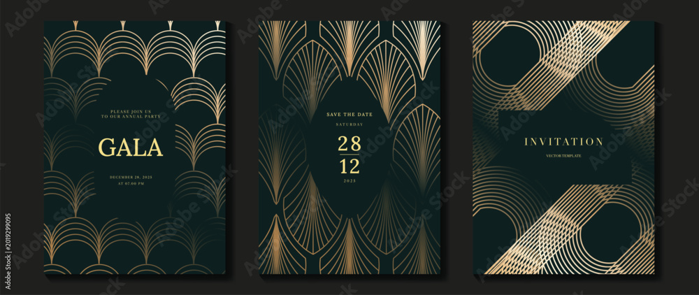 Naklejka premium Luxury jade and emerald green gala invitation card set vector. Art deco gold geometric line templates for wedding, party, corporate event, VIP celebration and formal night design.