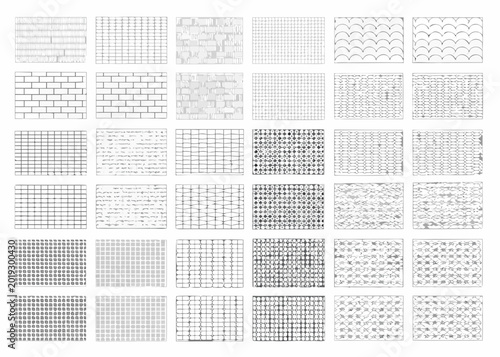 Foto Collection of thirty six black and white drafting patterns arranged in a grid on