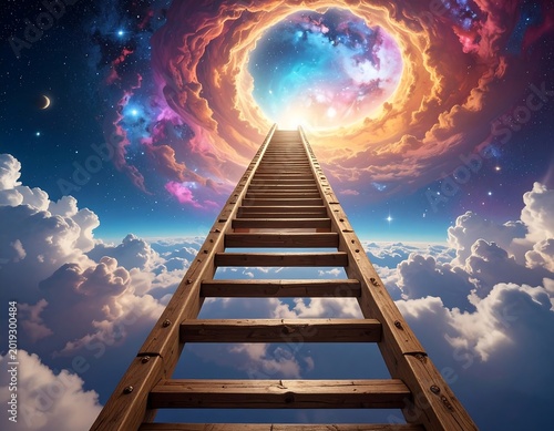 A ladder ascends to a vibrant celestial gateway