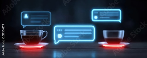 A cozy cafe setting shows interaction through communication, where a messaging chat leads to a conversation aided by a subtle notification service alert.