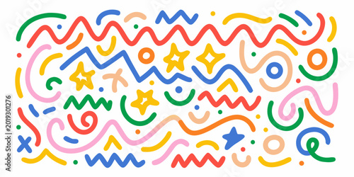 Foto Colorful doodle art pattern with overlapping lines shapes and stars on a white b