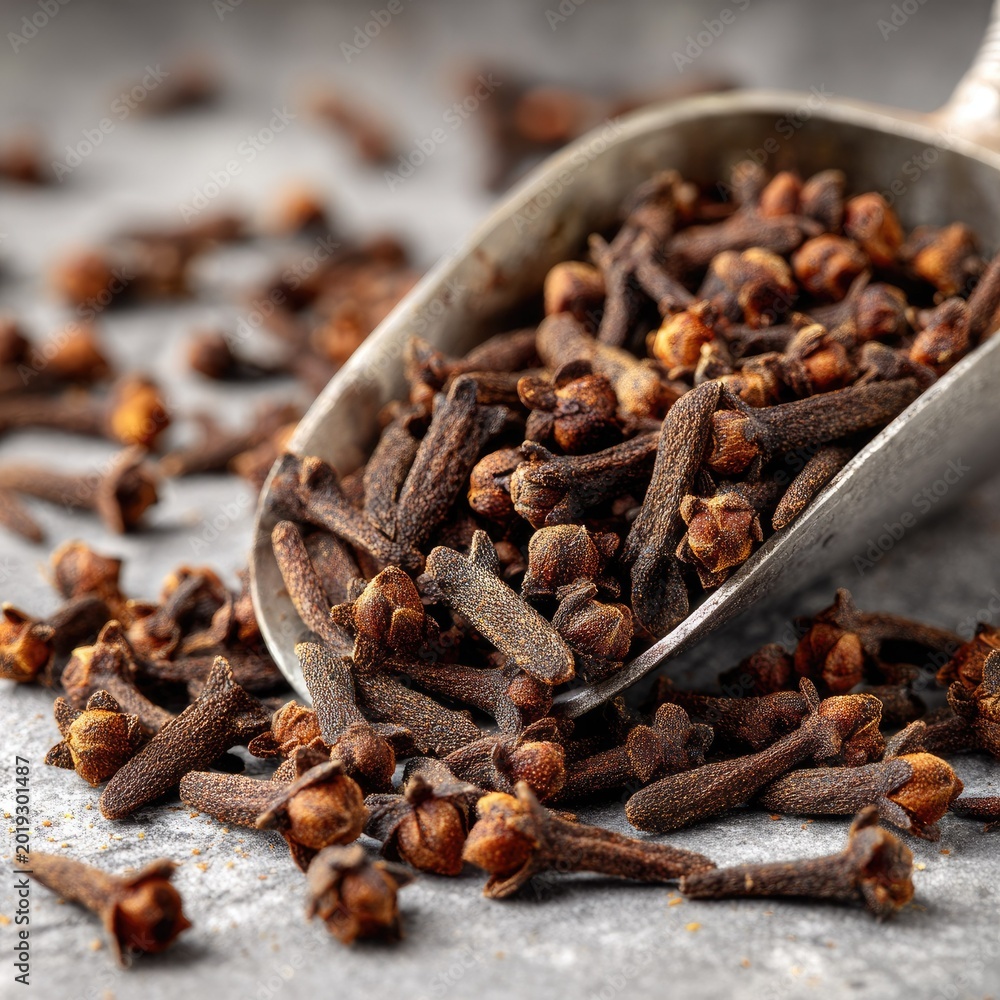 Fototapeta premium Close-up of Whole Cloves in a Metal Scoop