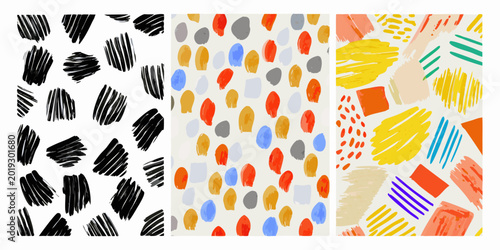 Tableau sur toile Abstract brushstroke patterns colorful paint smears and textured shapes on a whi