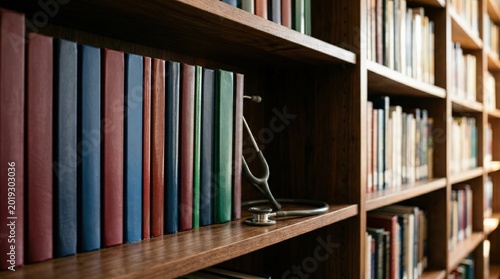 Stethoscope resting on polished wooden bookshelf filled with colorful medical books, providing essential visual for professional healthcare education and academic study.