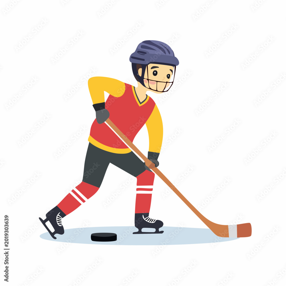 Fototapeta premium Cartoon Ice Hockey Player with Stick and Puck