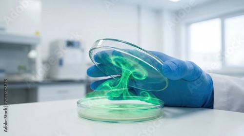 Scientist Conducting Experiment with Glowing Green Substance in Laboratory Petri Dish for Innovative Scientific Research