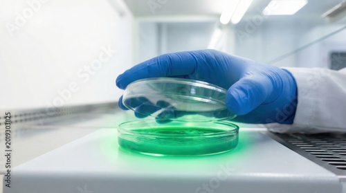 Biotechnology Research Concept: Scientist Handling Agar Petri Dish with Green Culture in Sterile Lab Environment
