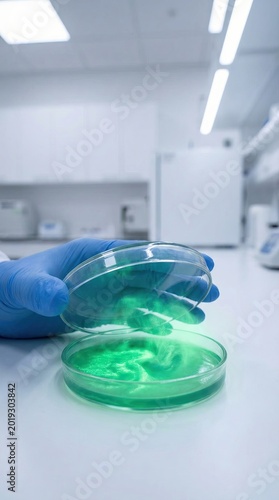 Closeup of Scientific Researcher Holding Petri Dish with Green Agar in Sterile Laboratory Environment