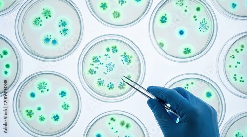 Scientist Hand in Glove Using Tweezers to Examine Diverse Bacterial Cultures in Petri Dishes Under Blue Light in Laboratory Setting
