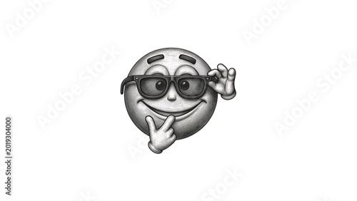 Photos A charming grayscale emoji character with stylish sunglasses, contemplating an i