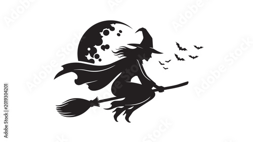Bilde på lerret Black silhouette of a witch flying on a broomstick