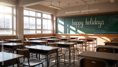 Empty Classroom During School Holidays with Sunlight and Chalkboard Message