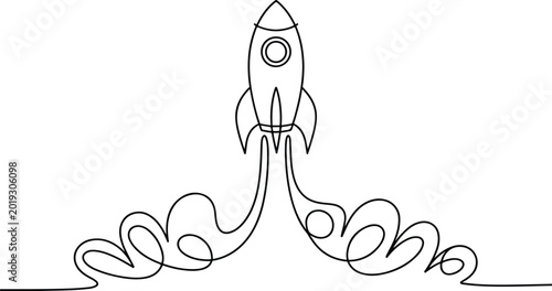 Fotografia Minimalist Continuous One-Line Rocket Launch and Smoke Trail Illustration, Modern Startup Growth, Business Success, and Space Exploration Vector Graphic, vector, illustration, silhouette