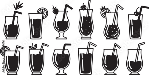 Foto Black wine bottle with glass set isolated vector icons Vector