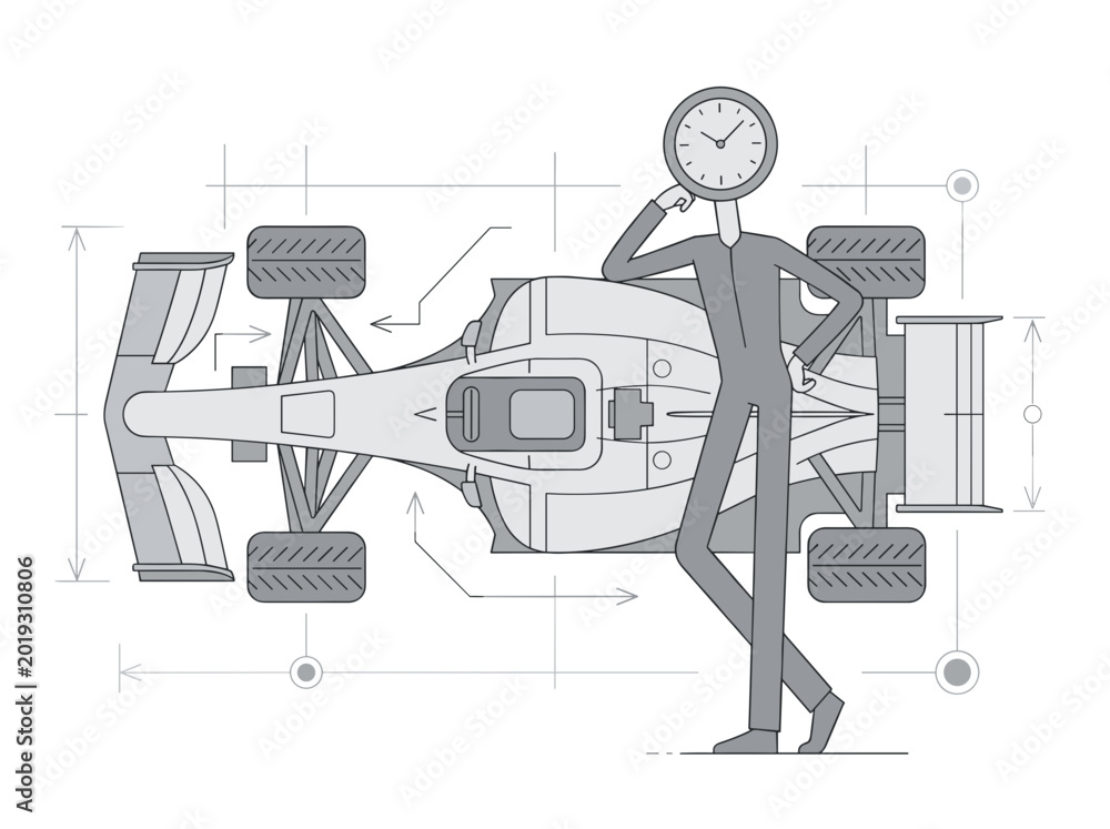 Fototapeta premium Formula Race Car Blueprint with Engineer Character