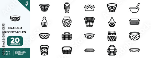 Fotografía Braided receptacles line icons set handwoven baskets collection for UI design br
