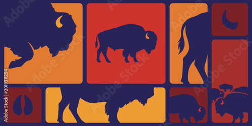 Tableau sur toile Stylized bison silhouettes in a colorful tiled pattern, wildlife art