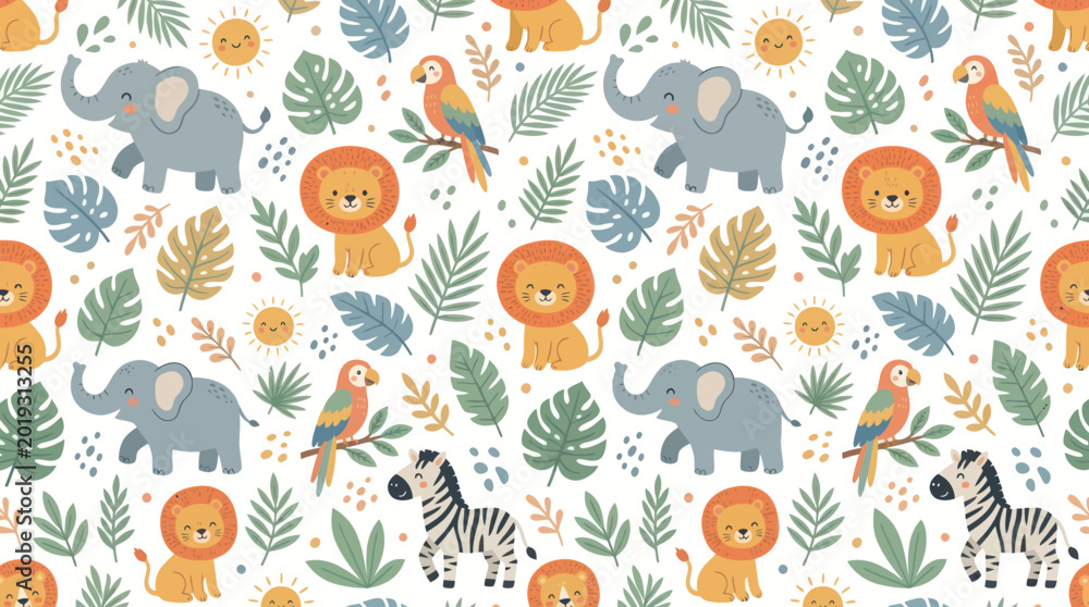 Obraz premium Cute Jungle Animals Seamless Pattern: Elephants, Lions, Zebras, Parrots