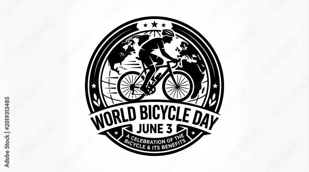 Fototapeta premium World Bicycle Day June 3 Black White Logo Emblem Cyclist Globe Illustration