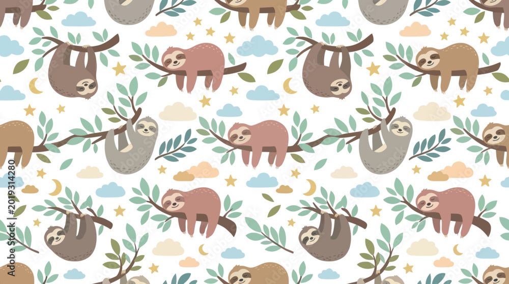 Naklejka premium Cute Sloth Pattern on Tree Branches, Adorable Baby Animal Art, Kawaii Style