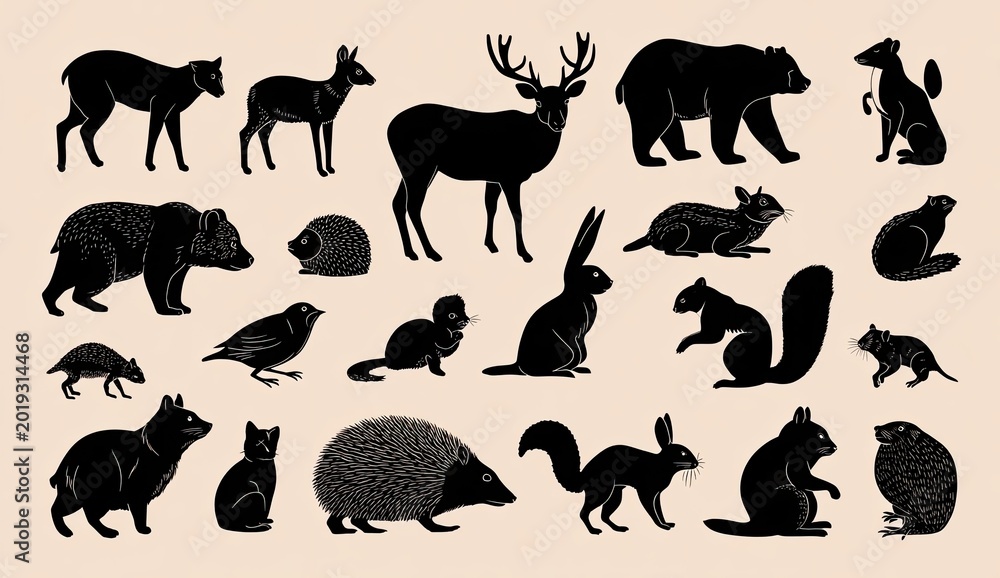 Obraz premium Silhouettes of Various Wild Forest Animals in Black.