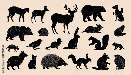 Silhouettes of Various Wild Forest Animals in Black.