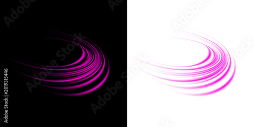 Magenta curved light trails and solid abstract shape on a white background isolated on a transparent background