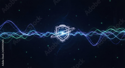 Dynamic digital shield protecting data flow across a secure network, illustrating advanced cyber defense and global information integrity with energetic wave patterns
