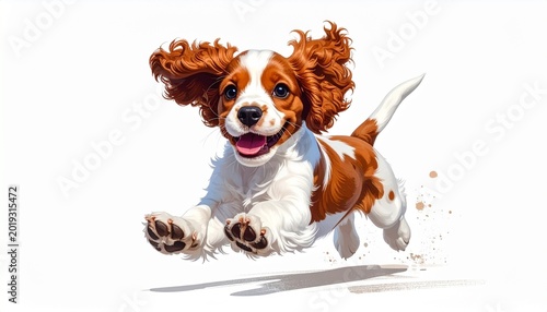 Cavalier king charles spaniel dog running with floppy ears and happy expression white background excitement movement