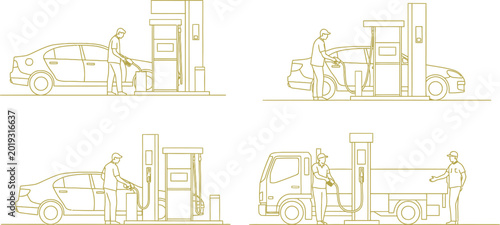 Quadro em tela Four line of people fueling cars and a truck at gas stations person