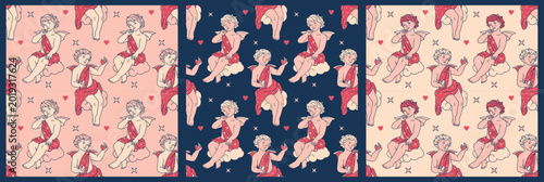 Bild auf Leinwand A vintage collection of devil Cupid seamless pattern designs for Valentine's Day