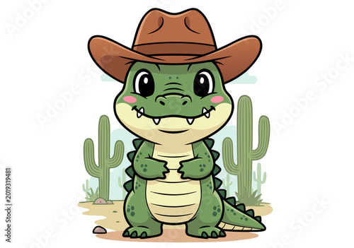 Tableau sur toile A smiling cartoon alligator wearing a cowboy hat stands in the desert with cacti around