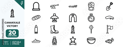 Bilde på lerret Canakkale Victory line art icon set commemorative collection with historical mot