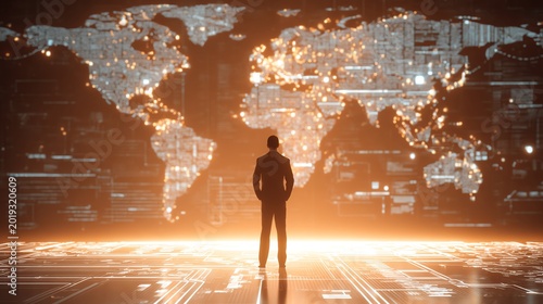 A business professional stands before a digital world map, symbolizing global connectivity.