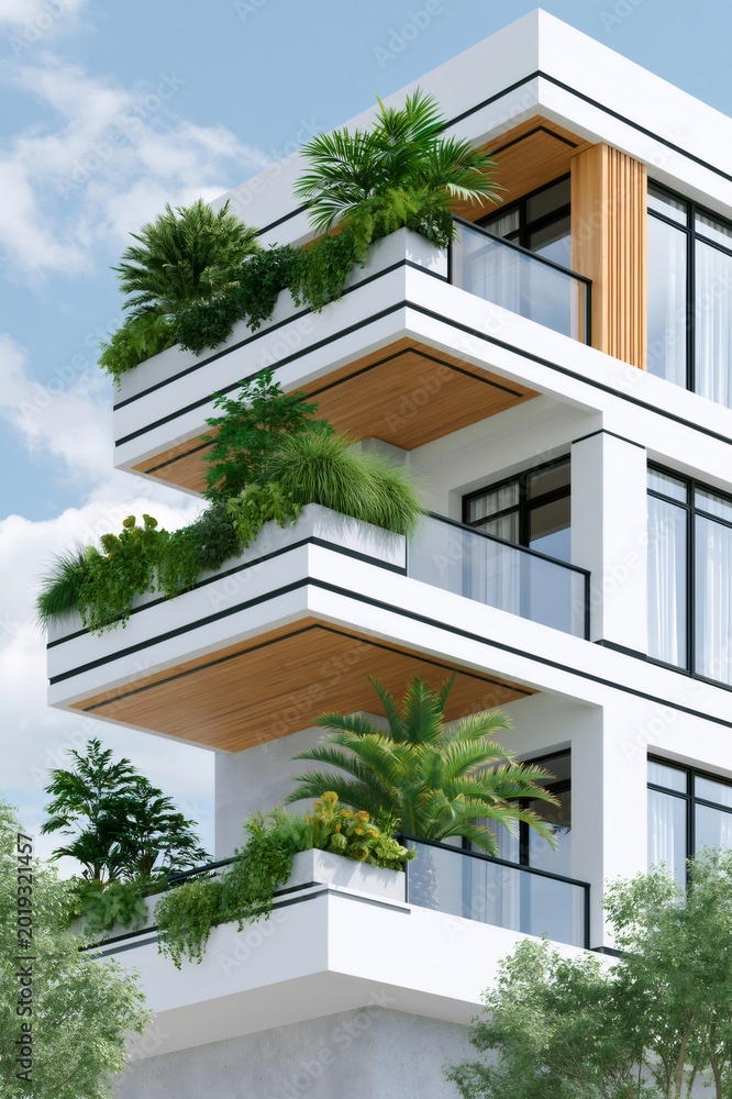 Fototapeta premium Modern apartment building balconies with lush green plants