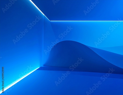 Futuristic blue gradient wallpaper with glowing white corners and smooth digital transit in a sleek room