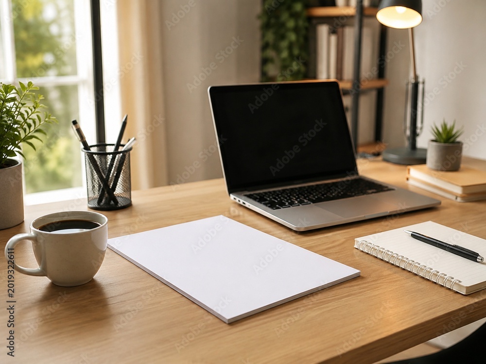 Fototapeta premium Online course planning desk with closed laptop with copy space