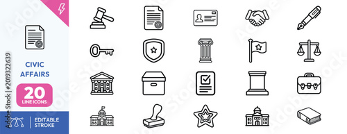 Bild auf Leinwand Civic affairs icons line art set for governance policy education and public admi