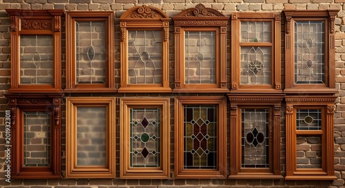 Collection of antique windows with ornate wooden frames and stained glass panes showcased on a rustic brick wall