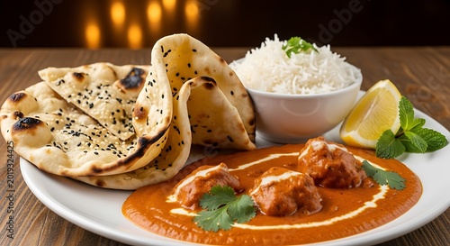 Savory orange curry dish with fluffy bread and white rice presented on a white plate