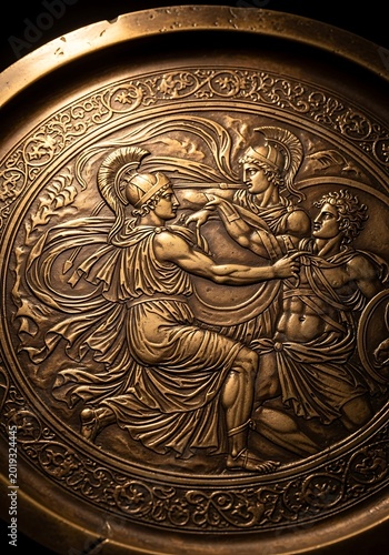 Ornate bronze circular relief depicts figures in classical attire engaged in dramatic interaction