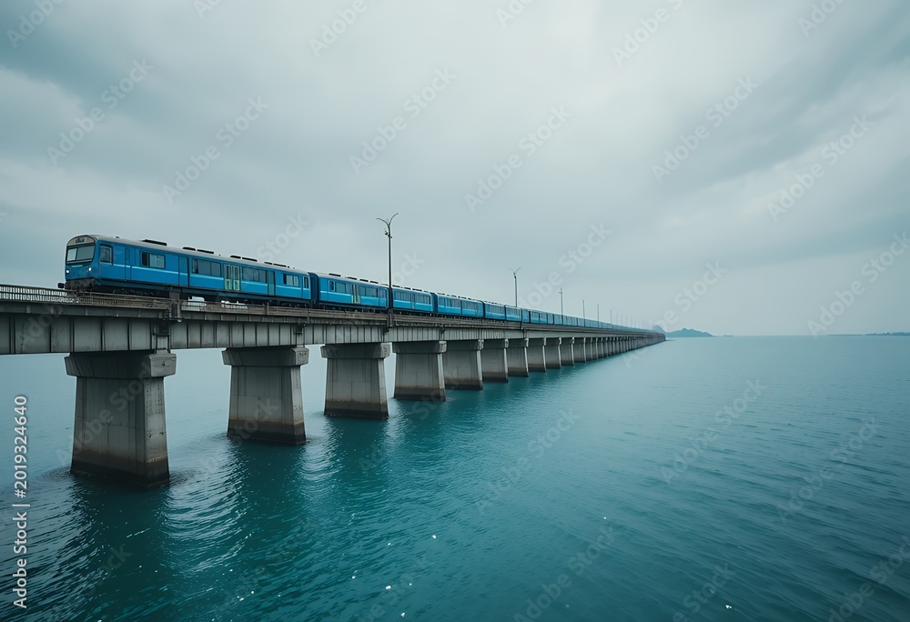 Obraz premium Train over sea on blue locomotive bridge, coastal railway over water