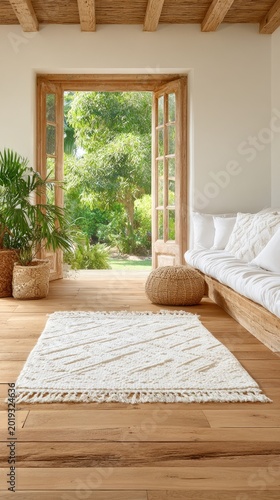 Bohemian Living Room with Open Doors to Lush Garden