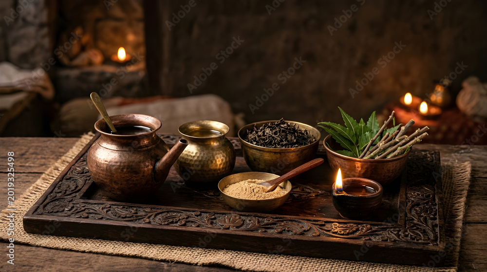 Fototapeta premium Traditional indian ayurvedic medicine setup with herbs and potions on a wooden tray