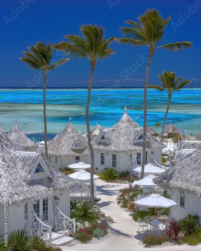 Tropical Resort with Overwater Bungalows and Palm Trees