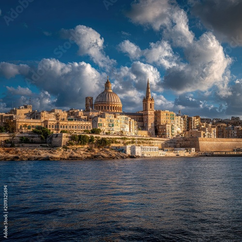 Valletta, Malta Skyline with Dome and Spire over the Sea