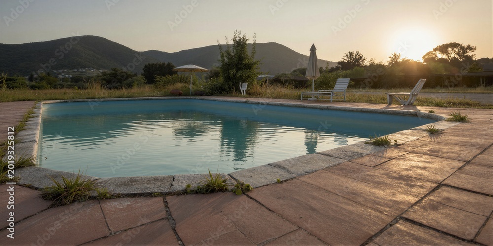 Fototapeta premium A serene rural pool scene at sunset, reflecting the warm golden light on a peaceful summer evening amidst rolling hills and distant mountains.