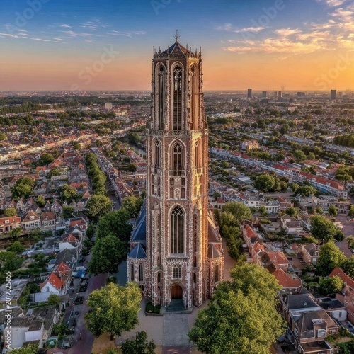 Aerial View of St. John's Church Tower in Utrecht at Sunset