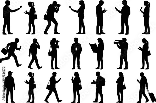 Journalist reporter field press silhouettes vector icon set isolated